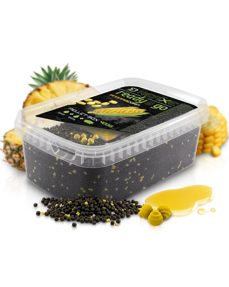 Pellet Box Delphin Reaxe READY&GO Kukurydza- Ananas 400g+ Booster 120ml+ 10mm Wafters 5szt.