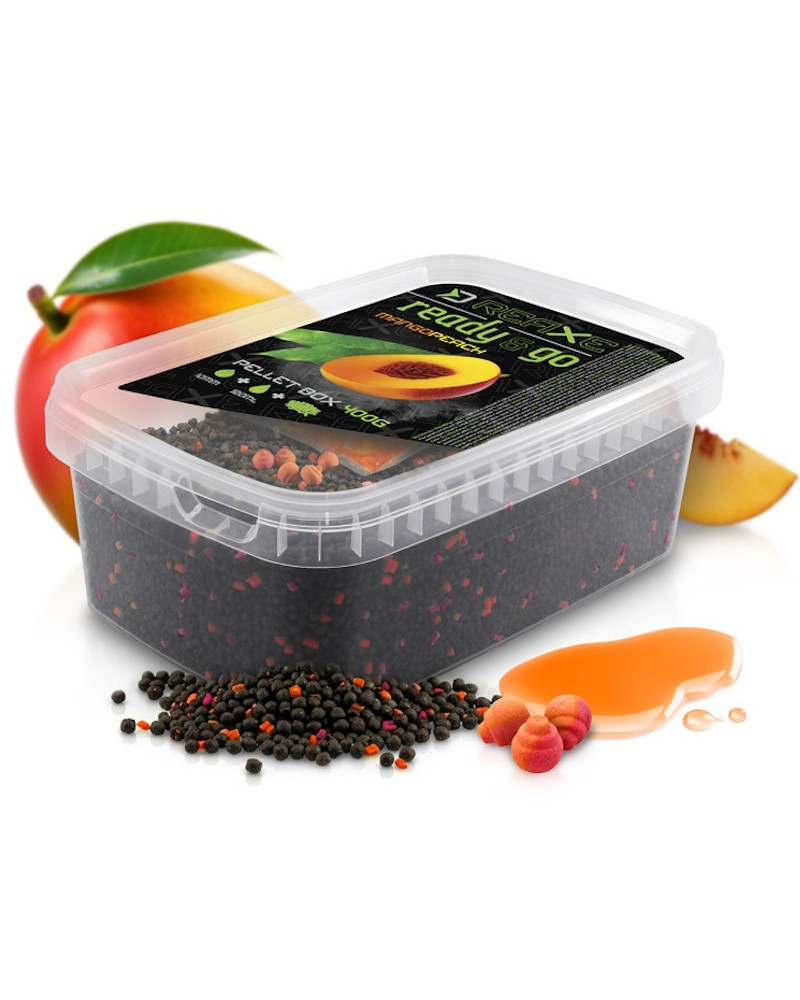 Pellet Box Delphin Reaxe READY&GO Mango- Brzoskwinia 400g+ Booster 120ml+ 10mm Wafters 5szt.