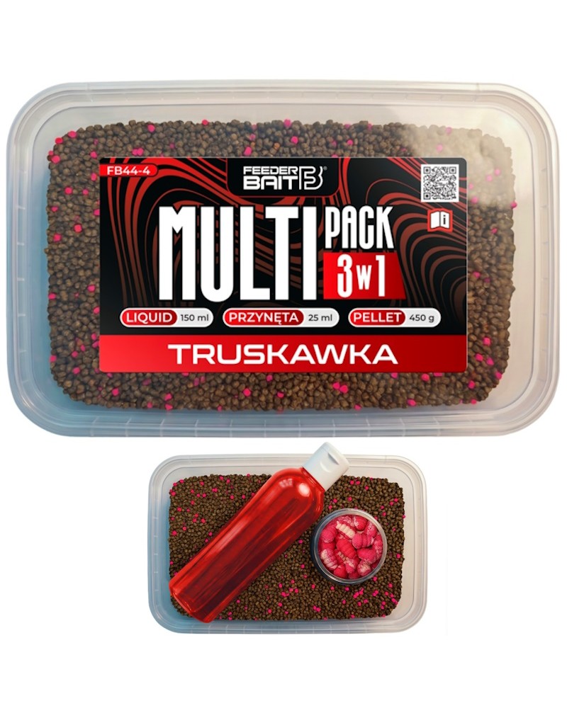 Multipack Box Feeder Bait Truskawka 3w1 Liquid 150ml Waftersy 25ml Pellet 450g