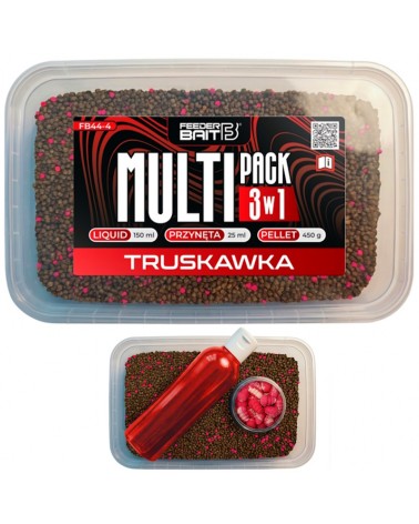 Multipack Box Feeder Bait Truskawka 3w1 Liquid 150ml Waftersy 25ml Pellet 450g