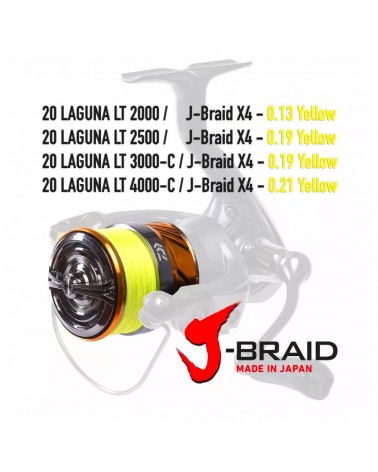 Kołowrotek Spinningowy Daiwa 20 Laguna LT 2000 + Plecionka JBraid4 0.13mm Yellow