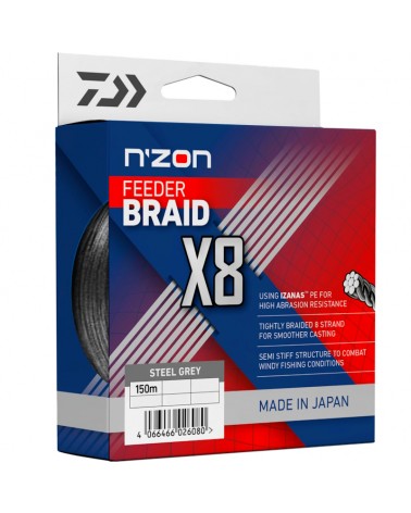 Plecionka Daiwa N'Zon X8 Feeder Braid 0.12mm 8.5kg 19lb 150m 150m Steel Grey Szara