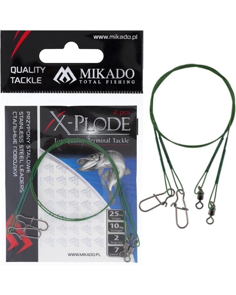 Przypon Stalowy Mikado X-Plode Z Krętlikiem I Agrafką 25cm/10kg Zielony 2szt.