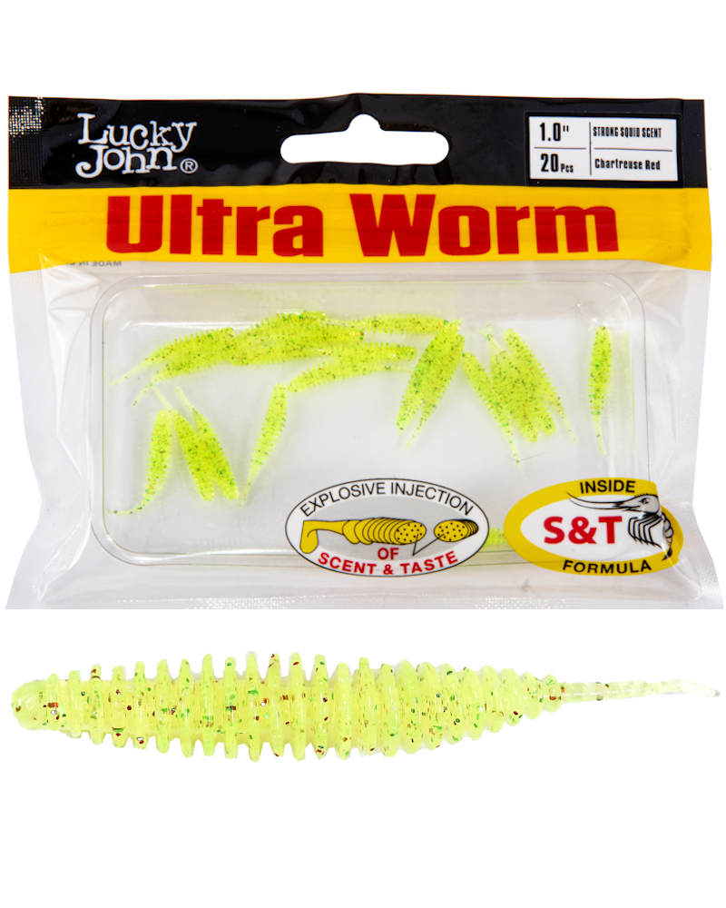 Guma Robak Lucky John Ultraworm 1.0'' 2.54cm S15 Chartreuse Red 20szt.