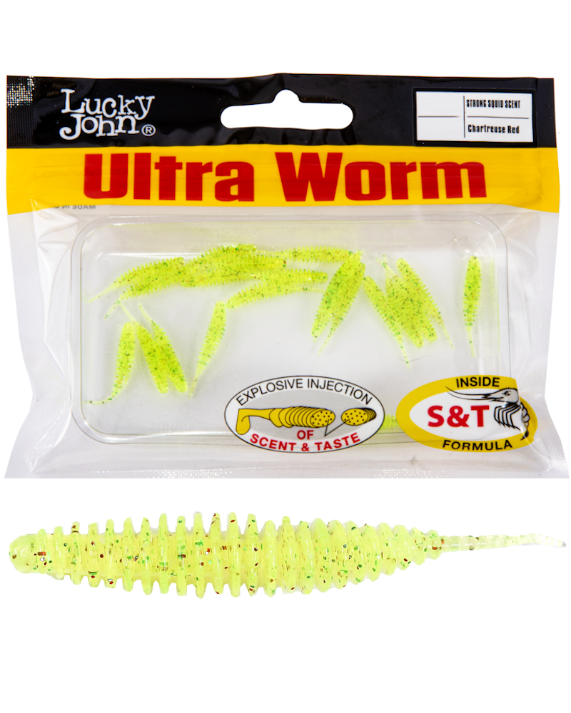 Guma Robak Lucky John Ultraworm 2.0'' 5cm S15 Chartreuse Red 9szt.